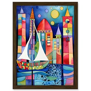 Artery8 Marina At Night Colourful Folk Art Watercolour Painting Artwork Framed A3 Wall Art Print Artery8 Marina At Night Colourful Folk Art Watercolour Painting Artwork Framed A3 Wall Art Print