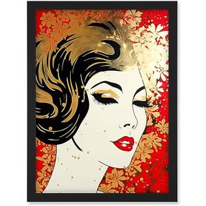 Artery8 Woman Face Retro Glam Aesthetic Gold Flower Pattern Red Linocut Portrait Teen Room Artwork Framed Wall Art Print A4 Artery8 Woman Face Retro Glam Aesthetic Gold Flower Pattern Red Linocut Portrait Teen Room Artwork Framed Wall Art Print A4