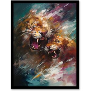 Artery8 A Big Cat Fight Jaguar Lion Leopard Action Painting Aqua Blue Artwork Framed Wall Art Print A4 Artery8 A Big Cat Fight Jaguar Lion Leopard Action Painting Aqua Blue Artwork Framed Wall Art Print A4
