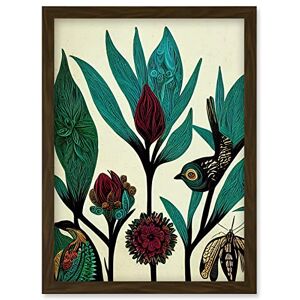 Wee Blue Coo Abstract Folk Art Leaves Flowers Birds Vintage Style Green Burgundy Cream Black Artwork Framed Wall Art Print A4 Wee Blue Coo Abstract Folk Art Leaves Flowers Birds Vintage Style Green Burgundy Cream Black Artwork Framed Wall Art Print A4