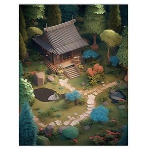 Artery8 Zen Garden Painting Birds-eye View of Shrubs and Ponds in Serene Japanese Yard with Tea House Extra Large XL Wall Art Poster Print Artery8 Zen Garden Painting Birds-eye View of Shrubs and Ponds in Serene Japanese Yard with Tea House Extra Large XL Wall Art Poster Print
