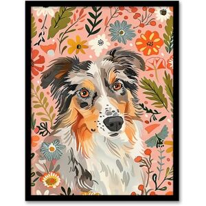 Artery8 Australian Sheepdog Floral Portrait Watercolour Living Room Artwork Framed Wall Art Print 18X24 Inch Artery8 Australian Sheepdog Floral Portrait Watercolour Living Room Artwork Framed Wall Art Print 18X24 Inch