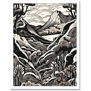 Artery8 Forest Mountain Landscape Black and White Linocut Art Print Framed Poster Wall Decor 12x16 inch Artery8 Forest Mountain Landscape Black and White Linocut Art Print Framed Poster Wall Decor 12x16 inch