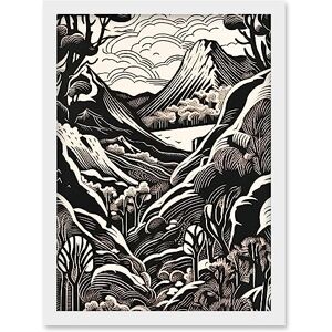 Artery8 Forest Mountain Landscape Black and White Linocut Artwork Framed Wall Art Print A4 Artery8 Forest Mountain Landscape Black and White Linocut Artwork Framed Wall Art Print A4