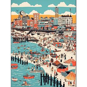 Artery8 Brighton Beach Warm Summer Day Colourful Scene Extra Large XL Wall Art Poster Print Artery8 Brighton Beach Warm Summer Day Colourful Scene Extra Large XL Wall Art Poster Print