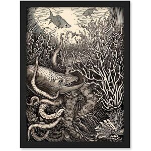 Artery8 Aquatic Animals and Plants Linocut Illustration Artwork Framed A3 Wall Art Print Artery8 Aquatic Animals and Plants Linocut Illustration Artwork Framed A3 Wall Art Print
