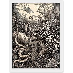 Artery8 Aquatic Animals and Plants Linocut Illustration Artwork Framed A3 Wall Art Print Artery8 Aquatic Animals and Plants Linocut Illustration Artwork Framed A3 Wall Art Print