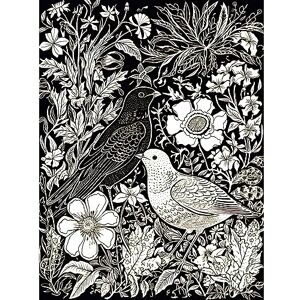 Artery8 Birds on Flower Bed Garden Black and White Linocut Extra Large XL Wall Art Poster Print Artery8 Birds on Flower Bed Garden Black and White Linocut Extra Large XL Wall Art Poster Print