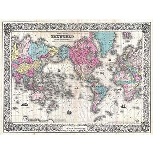 Wee Blue Coo 1852 Colton's Map The World On Mercator's Projectio Vintage Art Print Poster Wall Decor 12X16 Inch Wee Blue Coo 1852 Colton's Map The World On Mercator's Projectio Vintage Art Print Poster Wall Decor 12X16 Inch