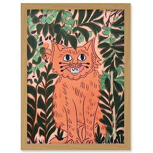 Artery8 Ginger Orange Tabby Cat in Plants Modern Folk Art Artwork Framed Wall Art Print A4 Artery8 Ginger Orange Tabby Cat in Plants Modern Folk Art Artwork Framed Wall Art Print A4