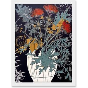 Artery8 Abstract Thistle Vase Dark Linocut Floral Red Green Ochre Scottish Plant Artwork Framed Wall Art Print A4 Artery8 Abstract Thistle Vase Dark Linocut Floral Red Green Ochre Scottish Plant Artwork Framed Wall Art Print A4