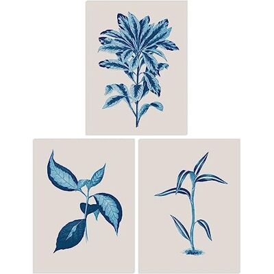 Wee Blue Coo - Pack of 3 - Blue on Beige - Leafy Plant - Wall Art Wee Blue Coo - Pack of 3 - Blue on Beige - Leafy Plant - Wall Art