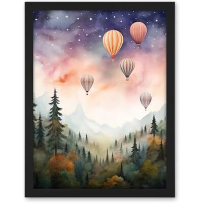 Artery8 Hot Air Balloons Over Misty Forest Landscape Watercolour Painting Orange Green Purple Dreamy Dusk Sky Stars Kids Bedroom Artwork Framed Wall Art Print 18X24 Inch Artery8 Hot Air Balloons Over Misty Forest Landscape Watercolour Painting Orange Green Purple Dreamy Dusk Sky Stars Kids Bedroom Artwork Framed Wall Art Print 18X24 Inch