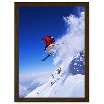 Artery8 - Skier Jumping Sky - Brown - A4 Framed - Wall Art Artery8 - Skier Jumping Sky - Brown - A4 Framed - Wall Art
