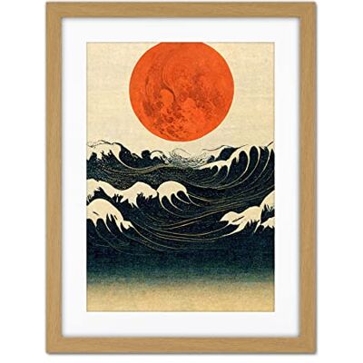 Doppelganger33 LTD Minimalist Large Orange Moon Over Ocean Waves Ukiyo-e Style Artwork Framed Wall Art Print 18X24 Inch Doppelganger33 LTD Minimalist Large Orange Moon Over Ocean Waves Ukiyo-e Style Artwork Framed Wall Art Print 18X24 Inch