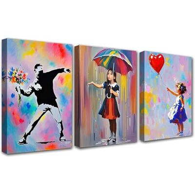 PIGPIGFLY Banksy Canvas Wall Art Triptych: Framed Flower Thrower, Girl with Balloon & Nola Paintings Large Wall Art for Living Room,Street art Graffiti,Bedroom Mural (30x40cm Wood Frame) PIGPIGFLY Banksy Canvas Wall Art Triptych: Framed Flower Thrower, Girl with Balloon & Nola Paintings Large Wall Art for Living Room,Street art Graffiti,Bedroom Mural (30x40cm Wood Frame)