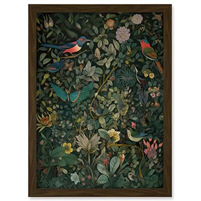 Artery8 - Butterflies and Birds on Flowering Shrub - Brown - A4 - Framed Art Print Artery8 - Butterflies and Birds on Flowering Shrub - Brown - A4 - Framed Art Print