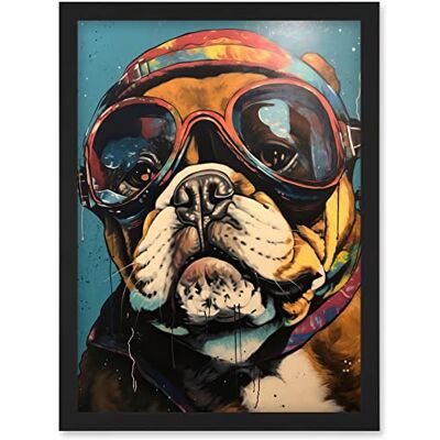 Artery8 - Bulldog with Retro Motorcycle Goggles - Black - Wall Art Print Artery8 - Bulldog with Retro Motorcycle Goggles - Black - Wall Art Print