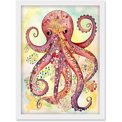 Artery8 - Octopus Portrait Bright Folk Art Watercolour Painting - A4 Artery8 - Octopus Portrait Bright Folk Art Watercolour Painting - A4