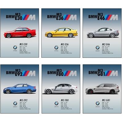 CREAARO Car Poster BMW M3 series 8x10 Inch 6 Posters for Bedrooms for Boys Offices or Man Caver for Garage E30 E46 E92 F80 G81 Unframed CREAARO Car Poster BMW M3 series 8x10 Inch 6 Posters for Bedrooms for Boys Offices or Man Caver for Garage E30 E46 E92 F80 G81 Unframed