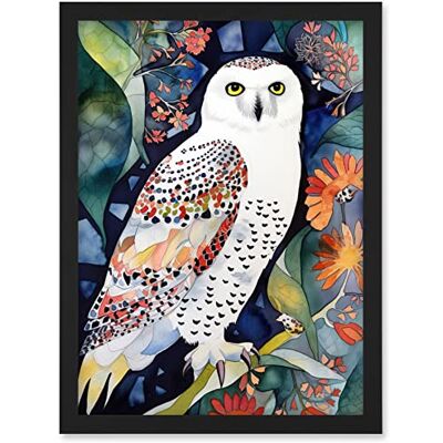 Artery8 - Snowy Owl On Blooming Tree - Framed - A4 Artery8 - Snowy Owl On Blooming Tree - Framed - A4