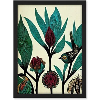 Wee Blue Coo Abstract Folk Art Leaves Flowers Birds Vintage Style Green Burgundy Cream Black Artwork Framed A3 Wall Art Print Wee Blue Coo Abstract Folk Art Leaves Flowers Birds Vintage Style Green Burgundy Cream Black Artwork Framed A3 Wall Art Print