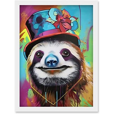 Artery8 - Sloth Wearing Ladies Summer Hat - A4 - White - Framed Wall Art Artery8 - Sloth Wearing Ladies Summer Hat - A4 - White - Framed Wall Art