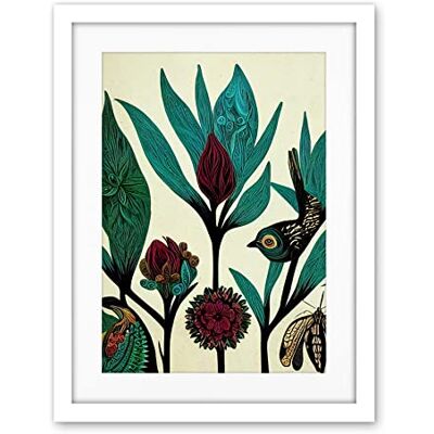 Wee Blue Coo Abstract Folk Art Leaves Flowers Birds Vintage Style Green Burgundy Cream Black Artwork Framed Wall Art Print 18X24 Inch Wee Blue Coo Abstract Folk Art Leaves Flowers Birds Vintage Style Green Burgundy Cream Black Artwork Framed Wall Art Print 18X24 Inch