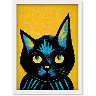 Artery8 - Quirky Bold Black Cat - Colors Yellow Blue - A4 - Framed Wall Art Print Artery8 - Quirky Bold Black Cat - Colors Yellow Blue - A4 - Framed Wall Art Print