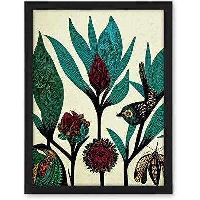 Wee Blue Coo Abstract Folk Art Leaves Flowers Birds Vintage Style Green Burgundy Cream Black Artwork Framed Wall Art Print 18X24 Inch Wee Blue Coo Abstract Folk Art Leaves Flowers Birds Vintage Style Green Burgundy Cream Black Artwork Framed Wall Art Print 18X24 Inch