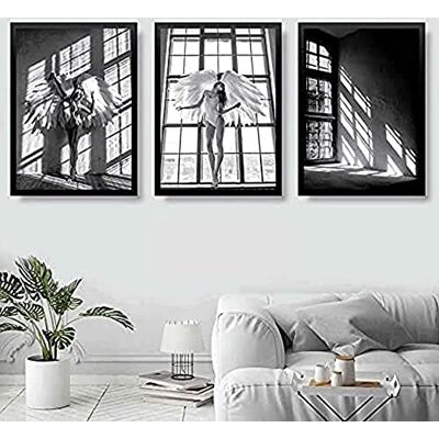 ARTZE Wall Art Fashion Woman Angel Wings Window Shadow Monochrome Photograph Gallery Wall Art Print Picture Poster 3-Piece Set, 30 cm Width x 40 cm Height, Black/White ARTZE Wall Art Fashion Woman Angel Wings Window Shadow Monochrome Photograph Gallery Wall Art Print Picture Poster 3-Piece Set, 30 cm Width x 40 cm Height, Black/White