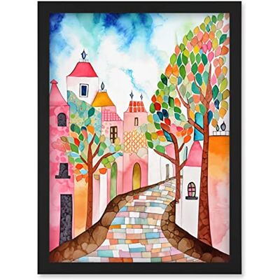 Artery8 - Cobblestone Street Spring Folk Art - A4 - Wall Art Artery8 - Cobblestone Street Spring Folk Art - A4 - Wall Art