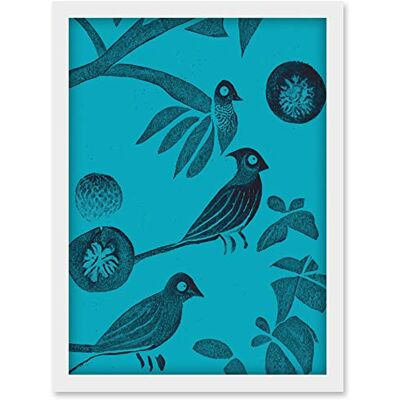 Artery8 - Linocut Vintage Blue Birds Jungle Pattern Artery8 - Linocut Vintage Blue Birds Jungle Pattern