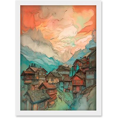 Artery8 - Pink Dawn Clouds Alps Village - A4 - Framed - Wall print Artery8 - Pink Dawn Clouds Alps Village - A4 - Framed - Wall print