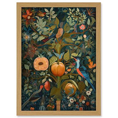 Artery8 Birds on Blooming Peach Tree in Modern Folk Art Artwork Framed A3 Wall Art Print Artery8 Birds on Blooming Peach Tree in Modern Folk Art Artwork Framed A3 Wall Art Print