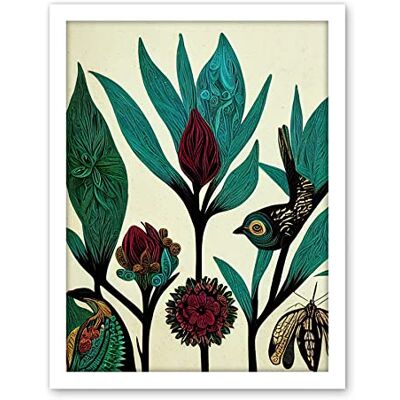Wee Blue Coo Abstract Folk Art Leaves Flowers Birds Vintage Style Green Burgundy Cream Black Artwork Framed Wall Art Print 18X24 Inch Wee Blue Coo Abstract Folk Art Leaves Flowers Birds Vintage Style Green Burgundy Cream Black Artwork Framed Wall Art Print 18X24 Inch