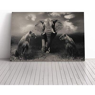 Big Box Art Lion Lionesses and an Elephant Canvas Print Gallery Wrapped 30mm Frame Wall Art 24x16 inches Ready to Hang Modern Animals Picture Living Room Bedroom Lounge Office Big Box Art Lion Lionesses and an Elephant Canvas Print Gallery Wrapped 30mm Frame Wall Art 24x16 inches Ready to Hang Modern Animals Picture Living Room Bedroom Lounge Office