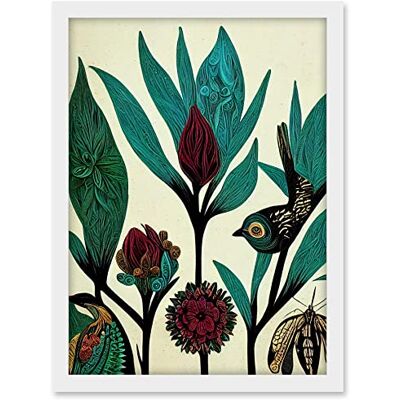 Wee Blue Coo Abstract Folk Art Leaves Flowers Birds Vintage Style Green Burgundy Cream Black Artwork Framed A3 Wall Art Print Wee Blue Coo Abstract Folk Art Leaves Flowers Birds Vintage Style Green Burgundy Cream Black Artwork Framed A3 Wall Art Print