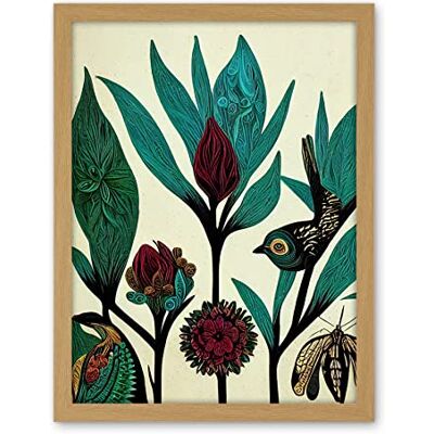 Wee Blue Coo Abstract Folk Art Leaves Flowers Birds Vintage Style Green Burgundy Cream Black Artwork Framed Wall Art Print 18X24 Inch Wee Blue Coo Abstract Folk Art Leaves Flowers Birds Vintage Style Green Burgundy Cream Black Artwork Framed Wall Art Print 18X24 Inch