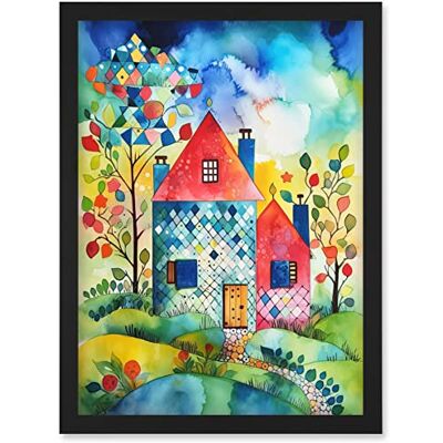 Artery8 - Farmhouse In The Flowers - A4 - Black - Framed Wall Art Artery8 - Farmhouse In The Flowers - A4 - Black - Framed Wall Art