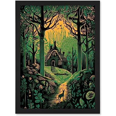 Artery8 - Cabin Hut Linocut - Forest Green - Wall Art Print Artery8 - Cabin Hut Linocut - Forest Green - Wall Art Print