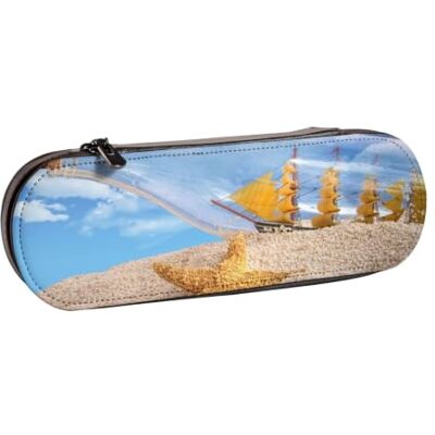 DCEHGEW Wishing Bottle Seascape Prints Leather Pencil Case Organiser with Pen Slots, Hard Shell Stylish Pouch for School Office Travel, Gift for Students Men Women DCEHGEW Wishing Bottle Seascape Prints Leather Pencil Case Organiser with Pen Slots, Hard Shell Stylish Pouch for School Office Travel, Gift for Students Men Women