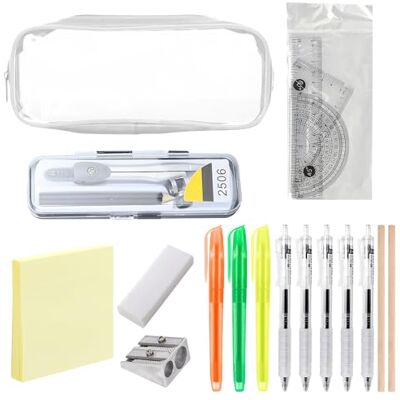 Riavom 19 Pcs School Stationery Set, Maths Ruler Set, Clear Pencil Case, School Stationery Supplies Including Pen, Post-It Notes, Notebook, Protractor, Compass, Eraser And Sharpener For Student Supplies Riavom 19 Pcs School Stationery Set, Maths Ruler Set, Clear Pencil Case, School Stationery Supplies Including Pen, Post-It Notes, Notebook, Protractor, Compass, Eraser And Sharpener For Student Supplies
