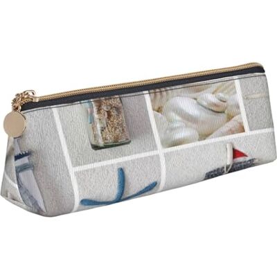 HEBSDFG Bottle Seashell Prints Triangle Pencil Case & Cosmetic Pouch, PVC Leather Zippered Organiser for School Office Travel Gifting HEBSDFG Bottle Seashell Prints Triangle Pencil Case & Cosmetic Pouch, PVC Leather Zippered Organiser for School Office Travel Gifting