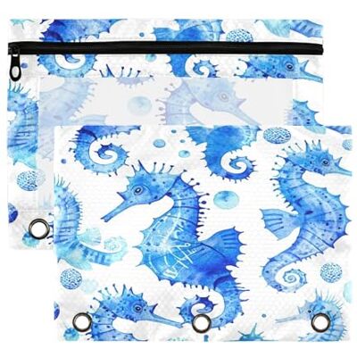 Fuauuyl Blue Seahorses Pattern Pencil Pouch for 3 Ring Binder Clear Window Pencil Case for Binder Pencil Bags with Zipper -2 Pack Fuauuyl Blue Seahorses Pattern Pencil Pouch for 3 Ring Binder Clear Window Pencil Case for Binder Pencil Bags with Zipper -2 Pack