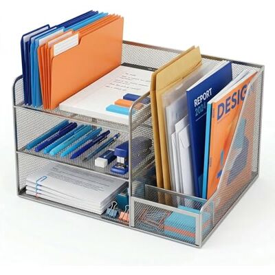 Relaxdays Desk Organiser, 5 slots, vertical folder holder, HWD: 23.5 x 37 x 30.5 cm, metal, silver Relaxdays Desk Organiser, 5 slots, vertical folder holder, HWD: 23.5 x 37 x 30.5 cm, metal, silver