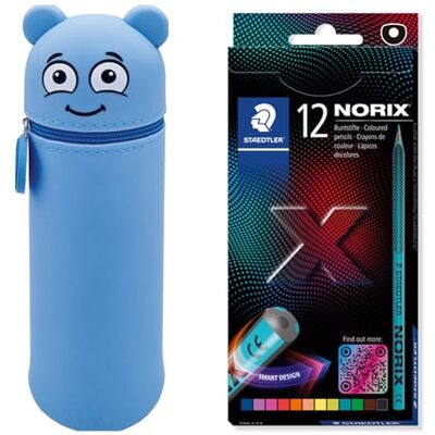 COLOP MARKY Pencil case in Emoji Design in Blue, Soft and wear-Resistant Silicone, Including 12 STAEDTLER Colored Pencils NORIX 186, Unique Shape, Made from Recycled Wood COLOP MARKY Pencil case in Emoji Design in Blue, Soft and wear-Resistant Silicone, Including 12 STAEDTLER Colored Pencils NORIX 186, Unique Shape, Made from Recycled Wood