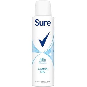 Sure Cotton Dry Anti-Perspirant Aerosol Women's Deodorant Spray with a clean fragrance inspired by fresh cotton sheets for 48 hour protection against sweat and odour 6x 150 ml Sure Cotton Dry Anti-Perspirant Aerosol Women's Deodorant Spray with a clean fragrance inspired by fresh cotton sheets for 48 hour protection against sweat and odour 6x 150 ml
