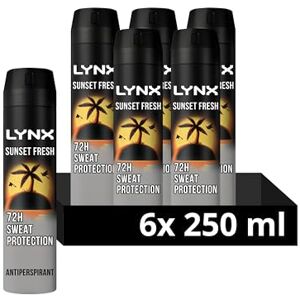 Lynx Men Sunset Fresh Deodorant Body Spray Antiperspirant with a mango & mandarin scent and 72 hour invisible sweat protection 250 ml, Pack of 6 Lynx Men Sunset Fresh Deodorant Body Spray Antiperspirant with a mango & mandarin scent and 72 hour invisible sweat protection 250 ml, Pack of 6