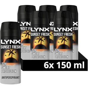 Lynx Men Sunset Fresh Deodorant Body Spray Antiperspirant with a mango & mandarin scent and 72 hour invisible sweat protection 150 ml, Pack of 6 Lynx Men Sunset Fresh Deodorant Body Spray Antiperspirant with a mango & mandarin scent and 72 hour invisible sweat protection 150 ml, Pack of 6